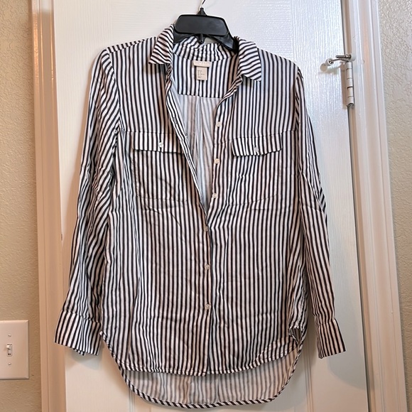 🟢 H&M Navy White Stripes Button Drown Dress Shirt Women 2 XS - Picture 1 of 6